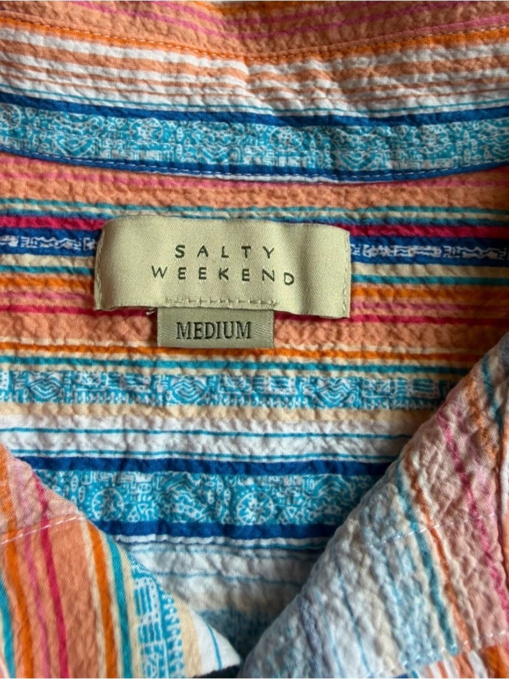 Salty Weekend Multicolor Striped Crinkle Seersucker Button Up Shirt M Festival - Picture 2 of 10